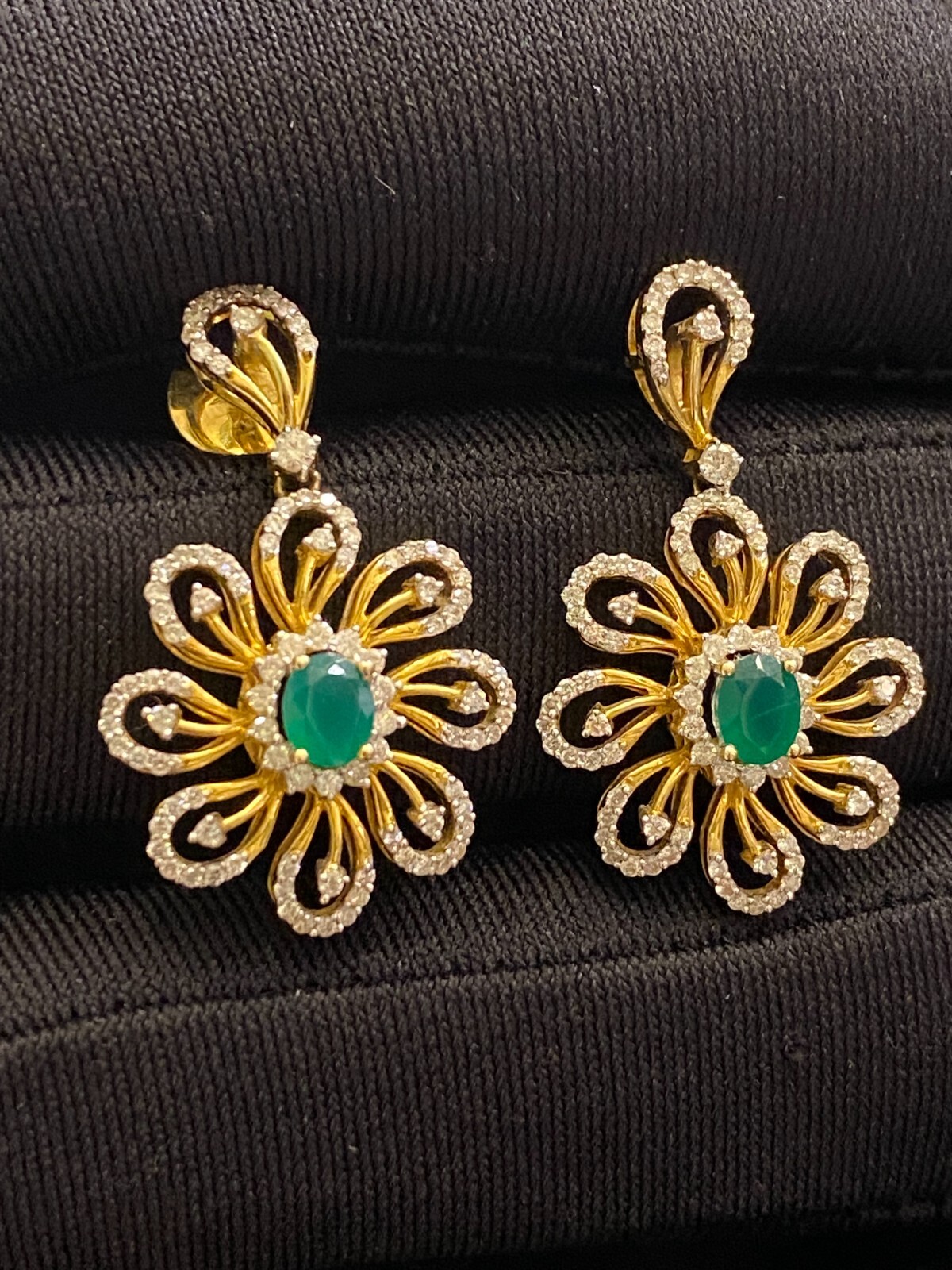 Stunning 1.86 Cts Round Brilliant Cut Diamonds Emerald Dangle Earrings 14K Gold