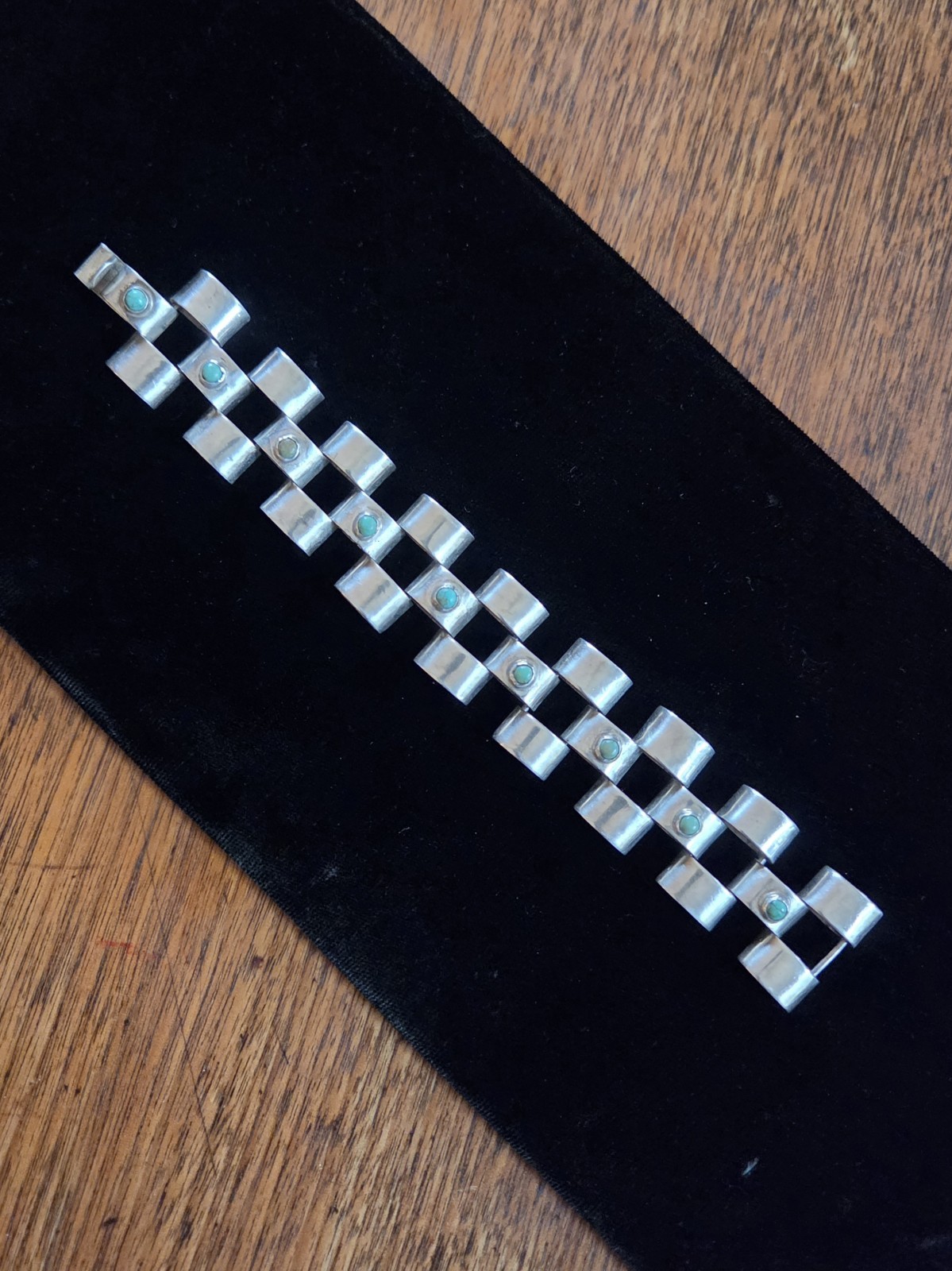 Turquoise & Mexican Silver Vintage Heavy Link Bracelet 61 grams 7.5 inches long