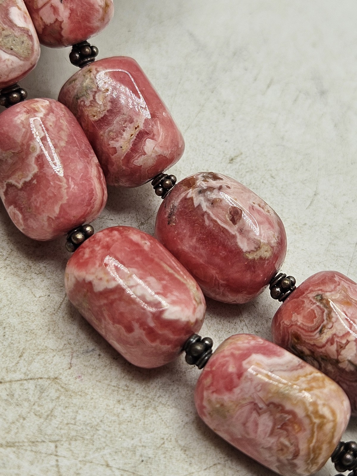 Hand Crafted Rhodochrosite Chunky Beaded Statement Necklace W/ Sterling…