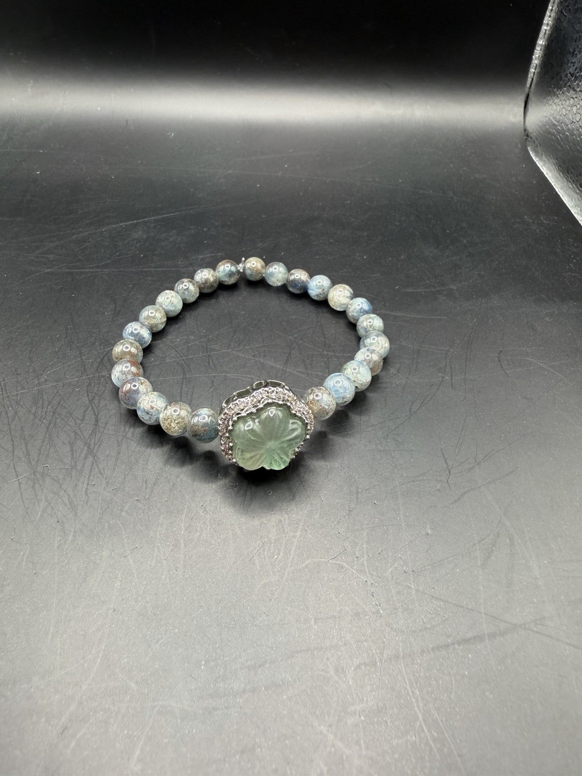 Blood Kyanite Beaded Bracelet with Transparent Fluorite Flower Charm