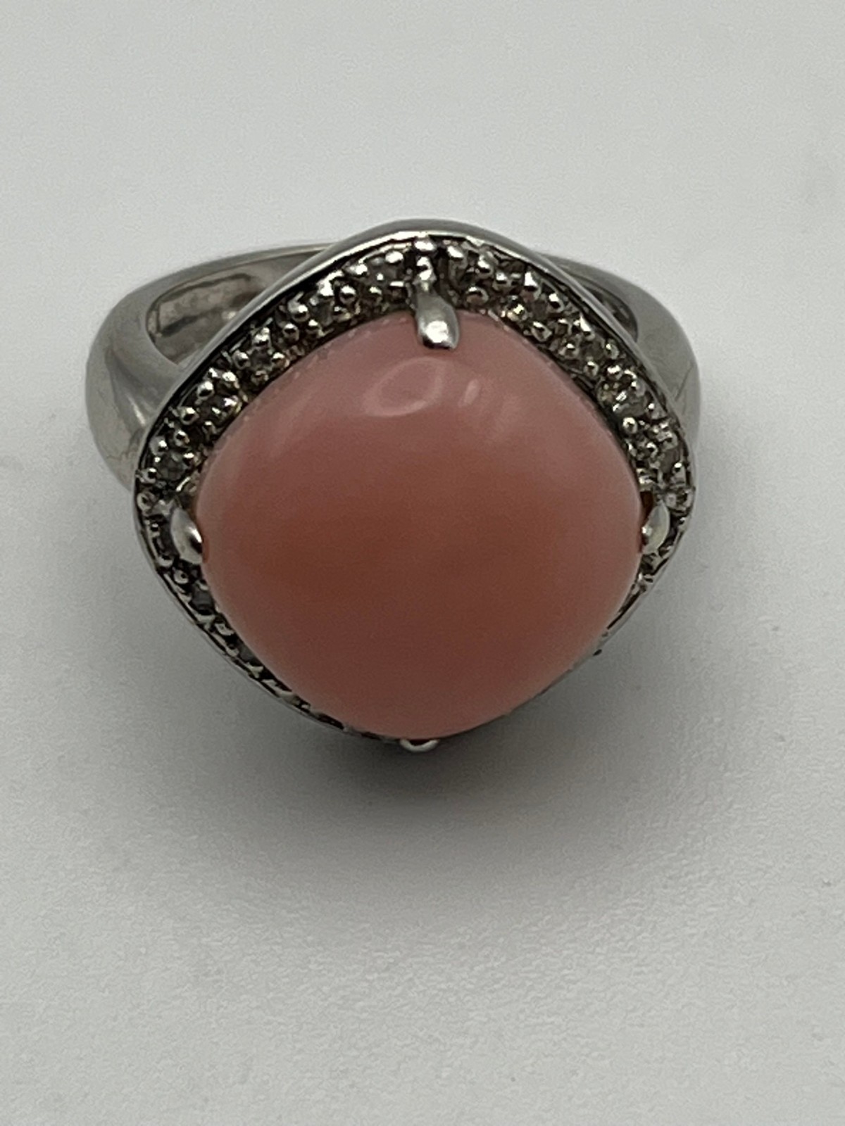 14K Solid White Gold Pink Coral Stone and Diamond Halo Ring Size 5.25