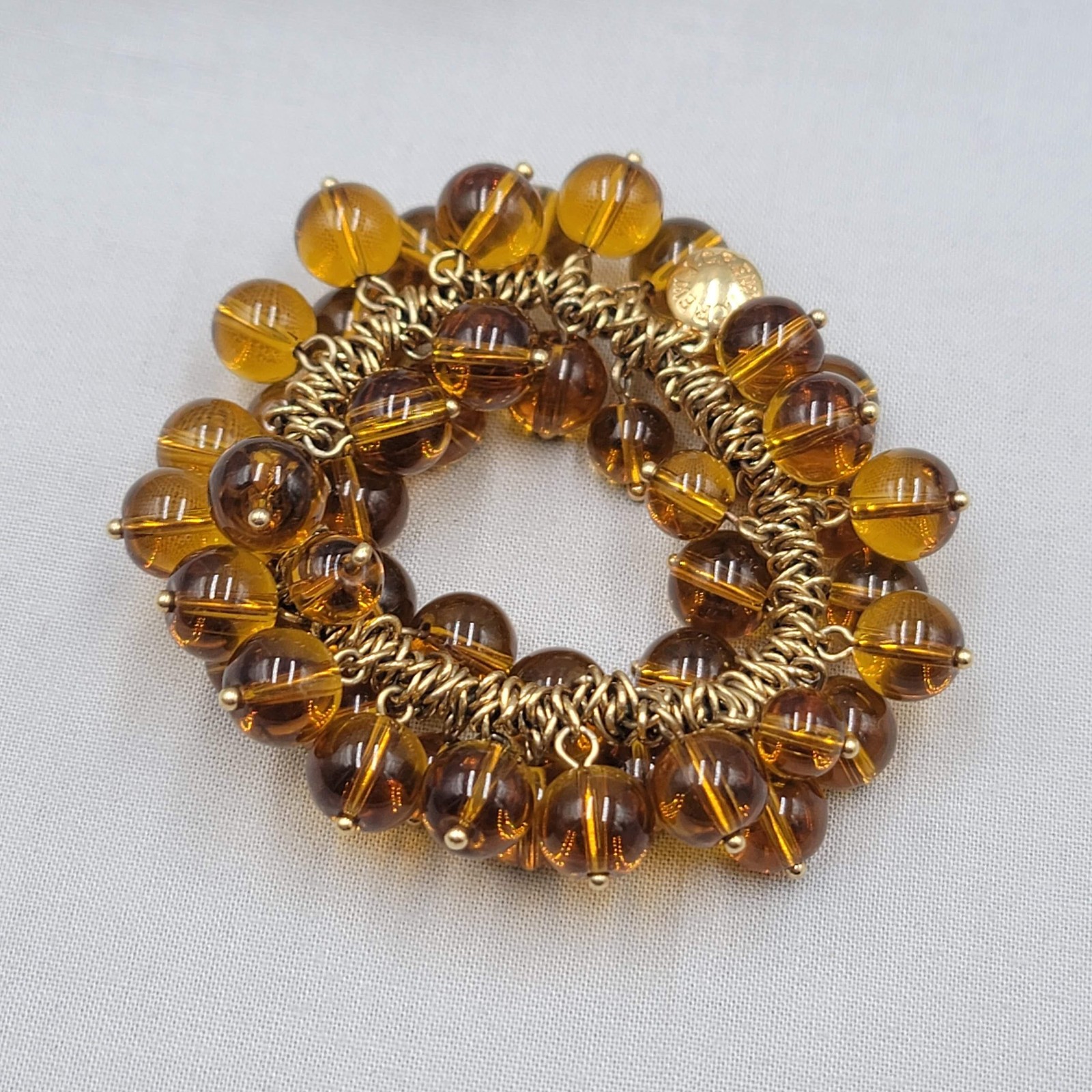 Brown Glass Bead Charm Bracelet Womens 7.25 In Gold Tone Chain Cluster Jewelry