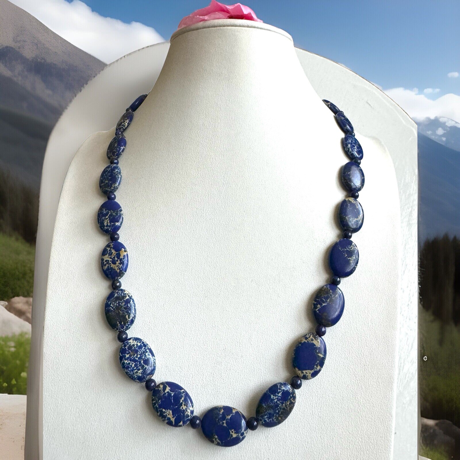 Stunning oval shape earth mined lapis lazuli stone handmade necklace 21in & 34gm