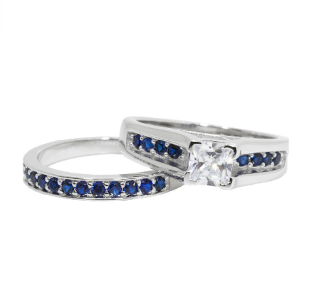 Blue Line 2 Ring Set 5mm Princess CZ Engagement Wedding 925 Silver Sz 5 6 8 9 10