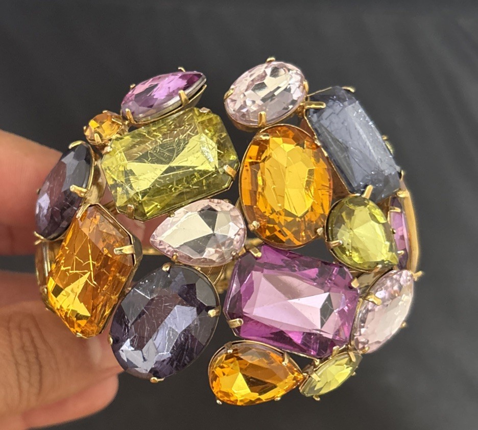 Vintage Gold Tone Plastic Resin Rhinestones Wide Hinged Bracelet Wow