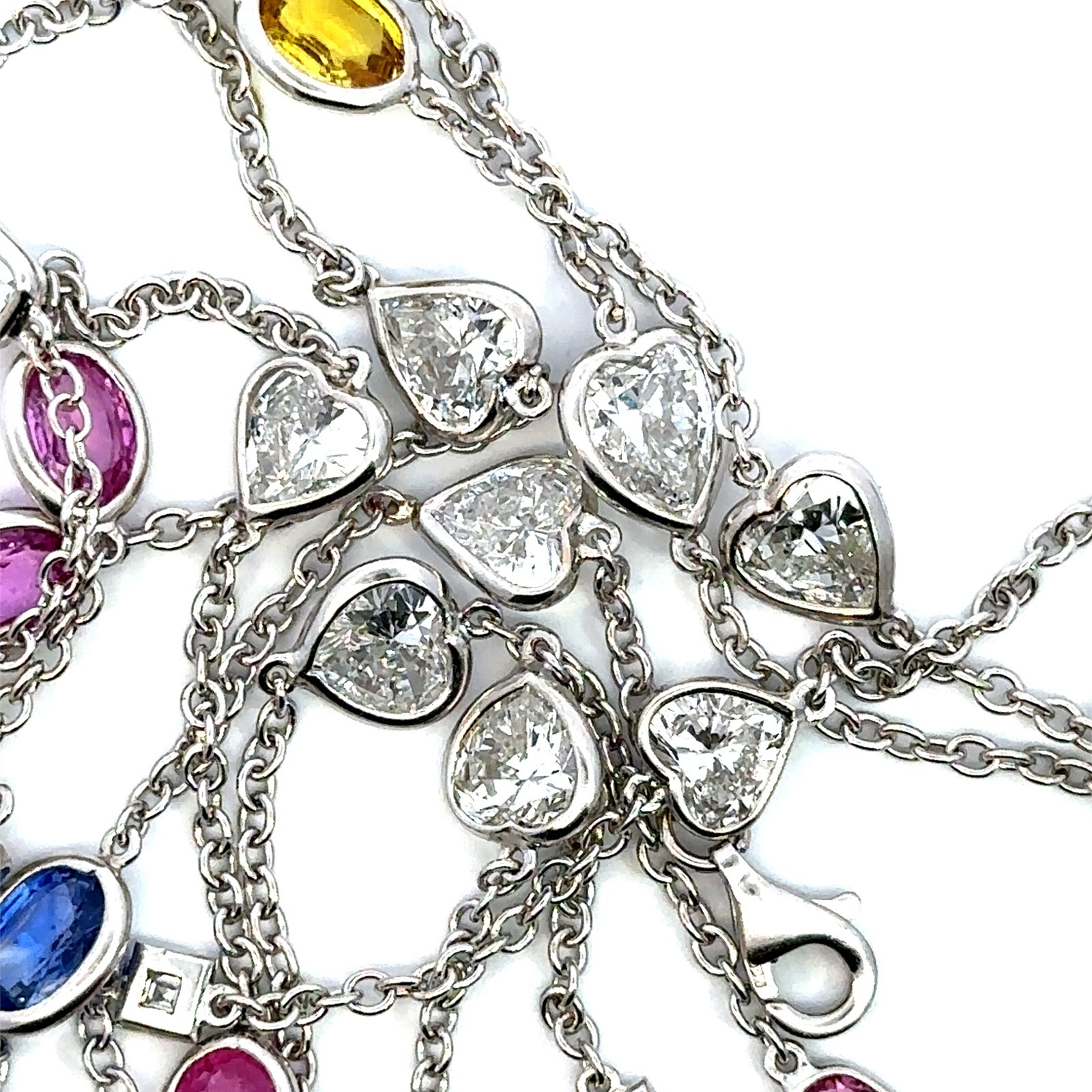 18K White Gold Fancy Cut Natural Diamonds & Multicolor Sapphire Necklace 64″