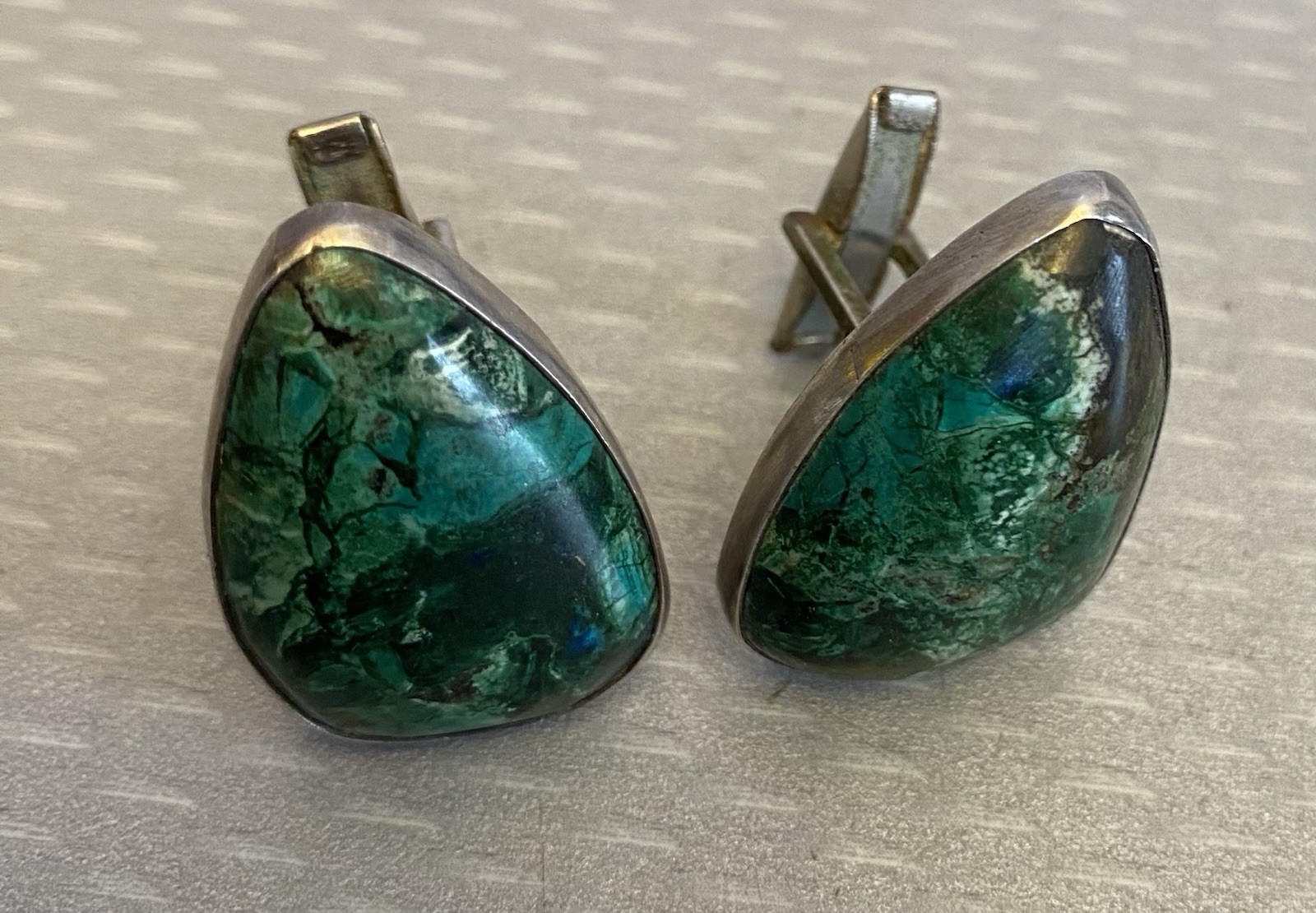 Vintage Israel 930 Silver Malachite Cufflinks Chunky Natural Green Stone