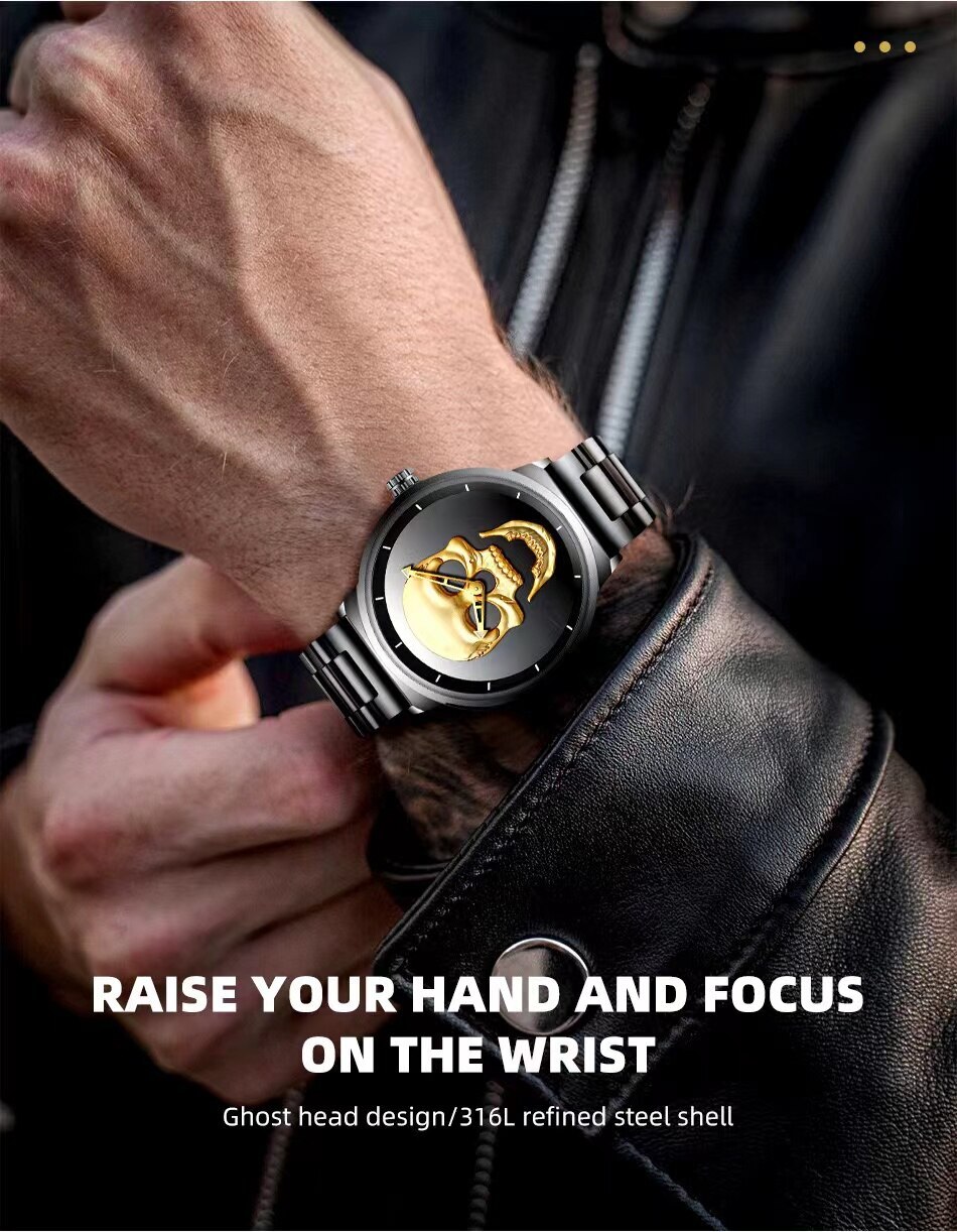 Men’s Hip Hop Skull Fashion Quartz Wristwatch Stianless Steel Waterproof Watch