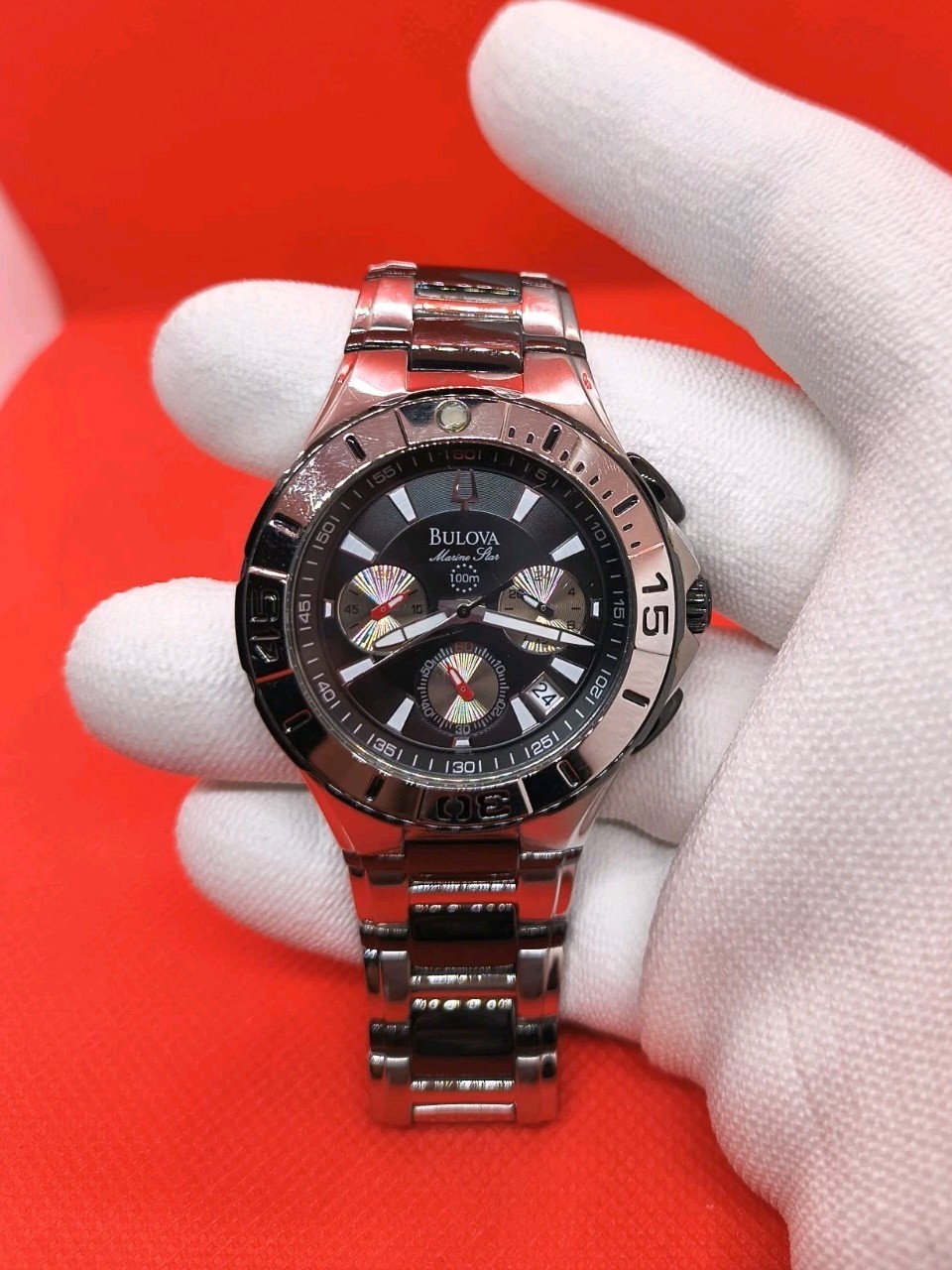 Bulova Marine Star Chronograph Wrist Watch C975505 Stainless Steel Black 2 tone