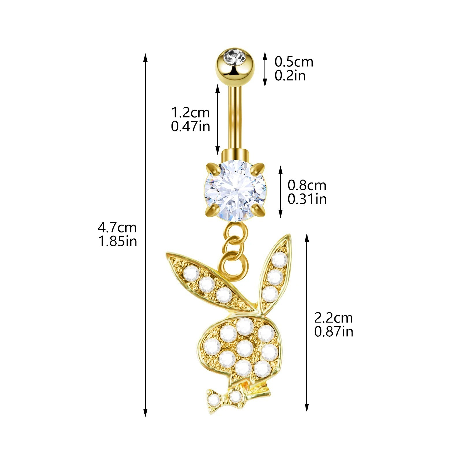 Bunny Dangle Belly Button Ring 14G Gold-Tone Crystal CZ Navel Piercing