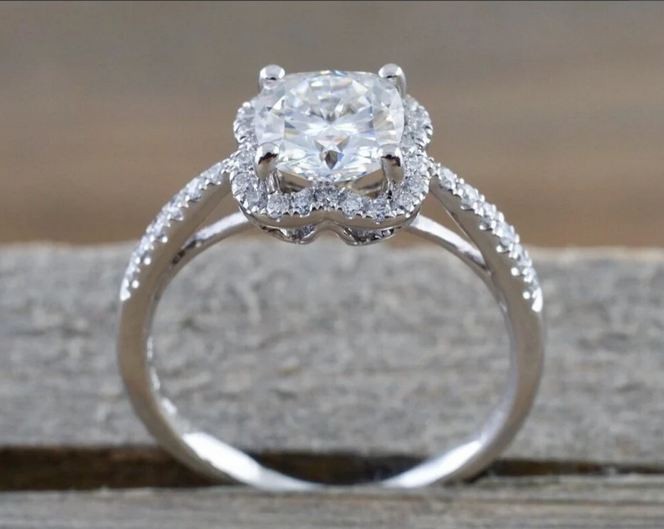2.40Ct Cushion Moissanite Halo Engagement Ring Pavé Band 14k White Gold Plated