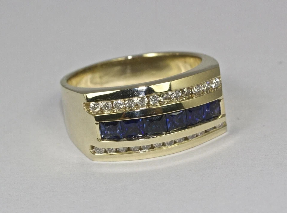 Men’s Wedding Eternity Ring Lab Grown Blue Sapphire & Diamond 14k Yellow Gold