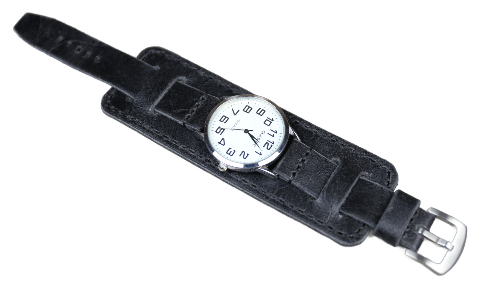 Leather watch bund band Military Black Distressed strap cuff pad 18mm 20 22 26mm