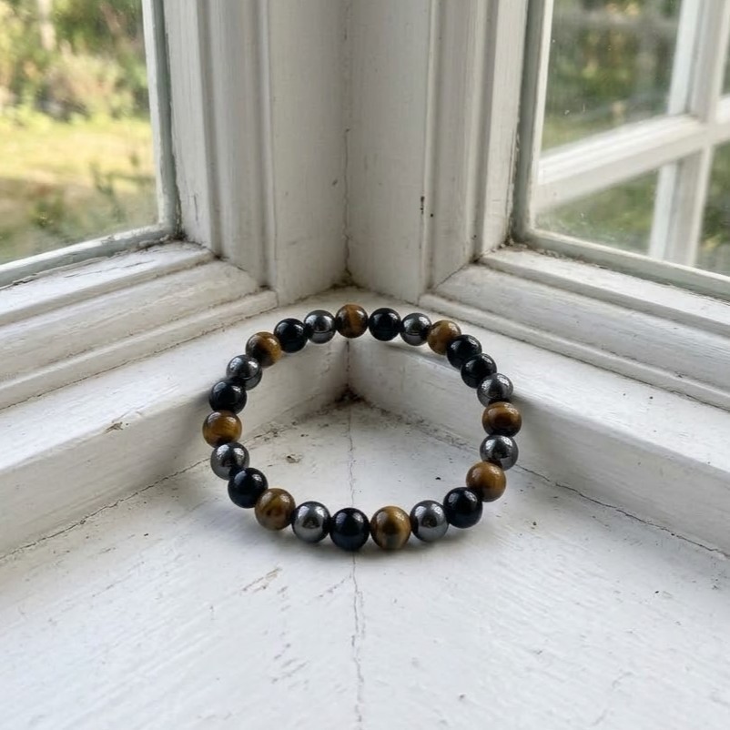 Triple Protection Bracelet with Tiger Eye, Hematite & Black Onyx | Stretch Beads