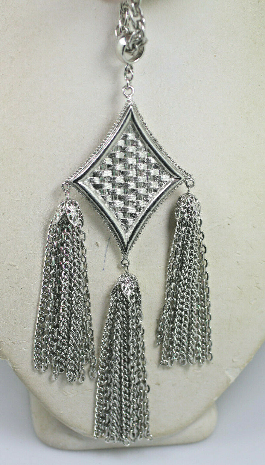 Vintage Hillcraft silver tone weave tassel drop pendant necklace thick chain 20″