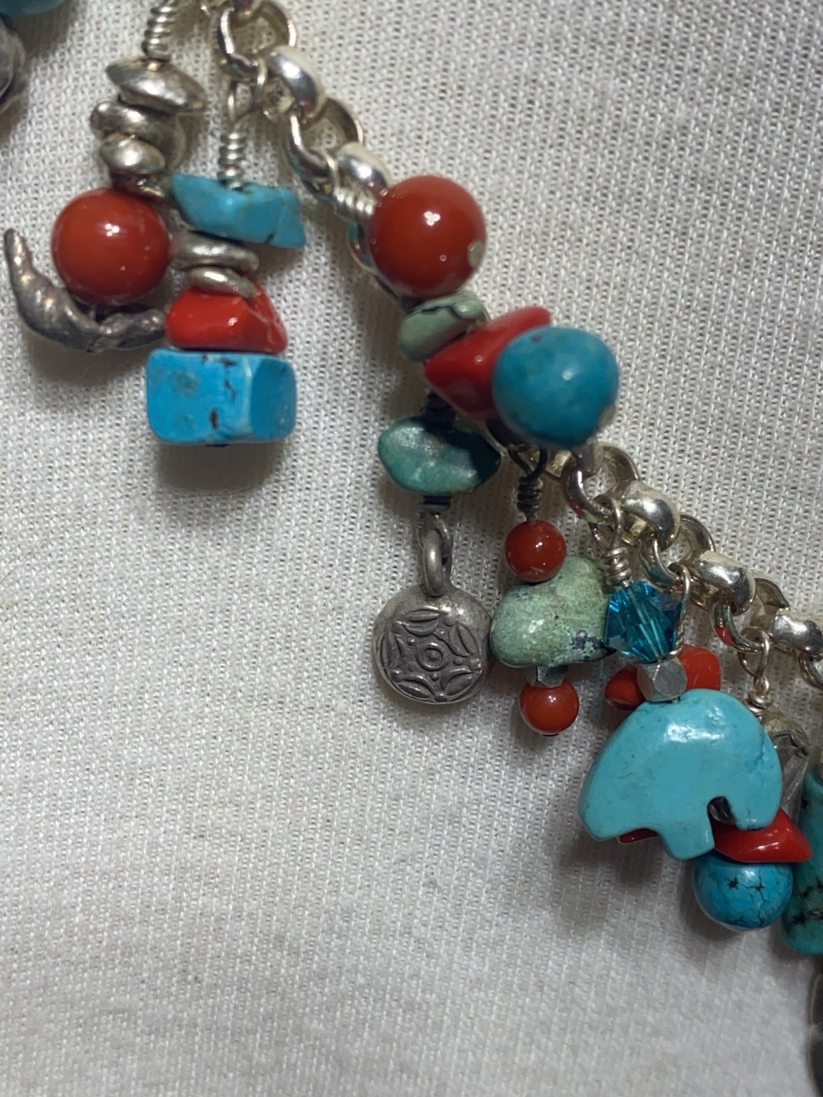VINTAGE SOUTHWEST TURQUOISE & RED CORAL STERLING SILVER FEATHER CHARM NECKLACE