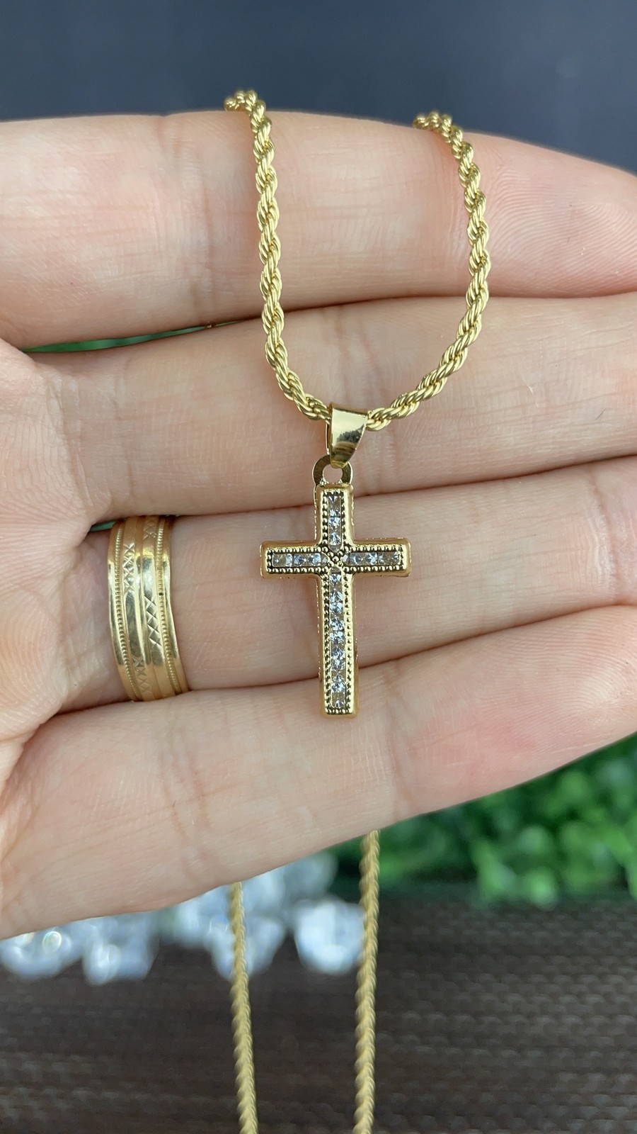 14K Gold Filled Women Girls CZ Cross Necklace Rope Chain 18″ Crucifix Charm Gift