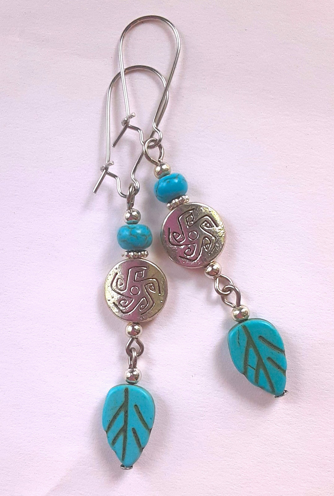 BLUE HOWLITE LEAF Medallion earring KIDNEY WIRE handcrafted SP #DMX