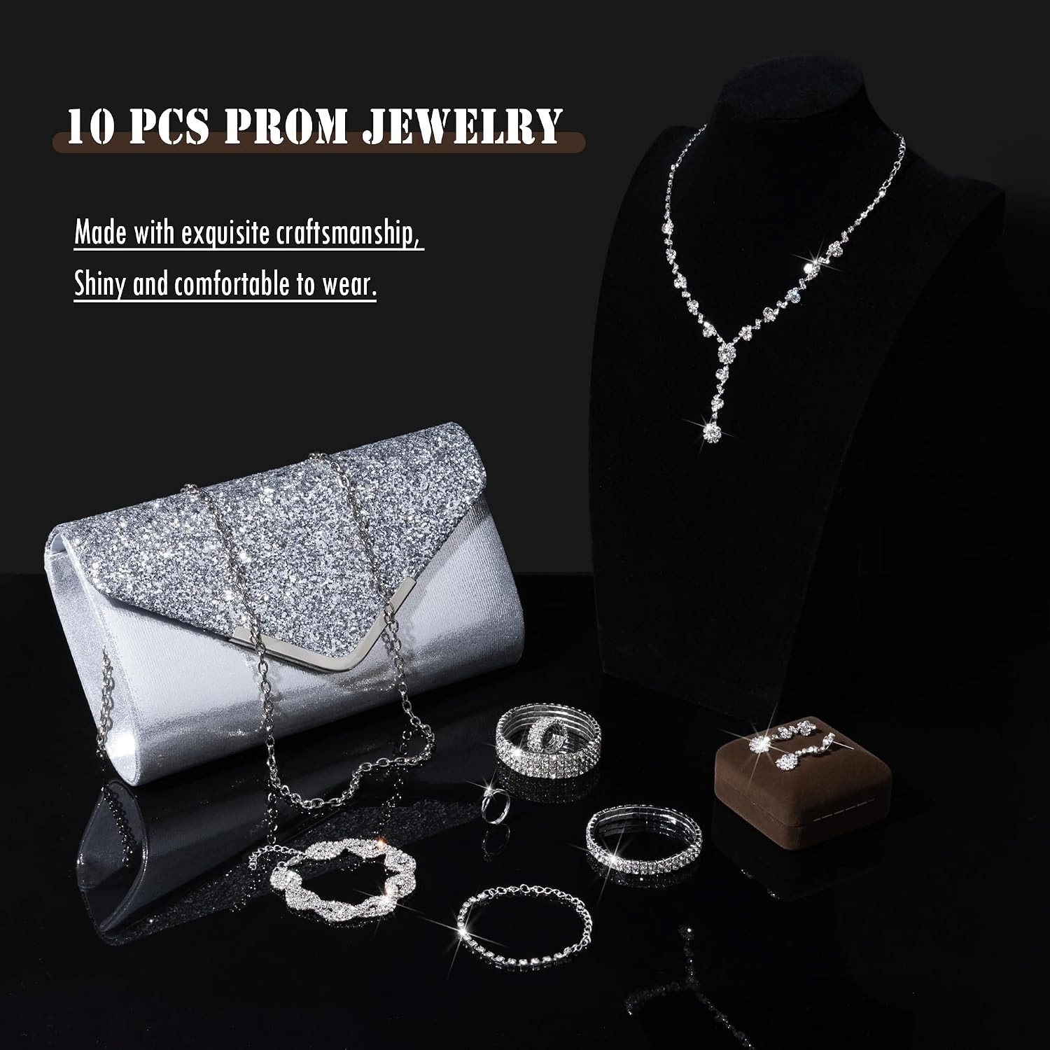 Hypoallergenic 10 pcs Silvery Rhinestone Jewelry Set – Perfect for Formal Events