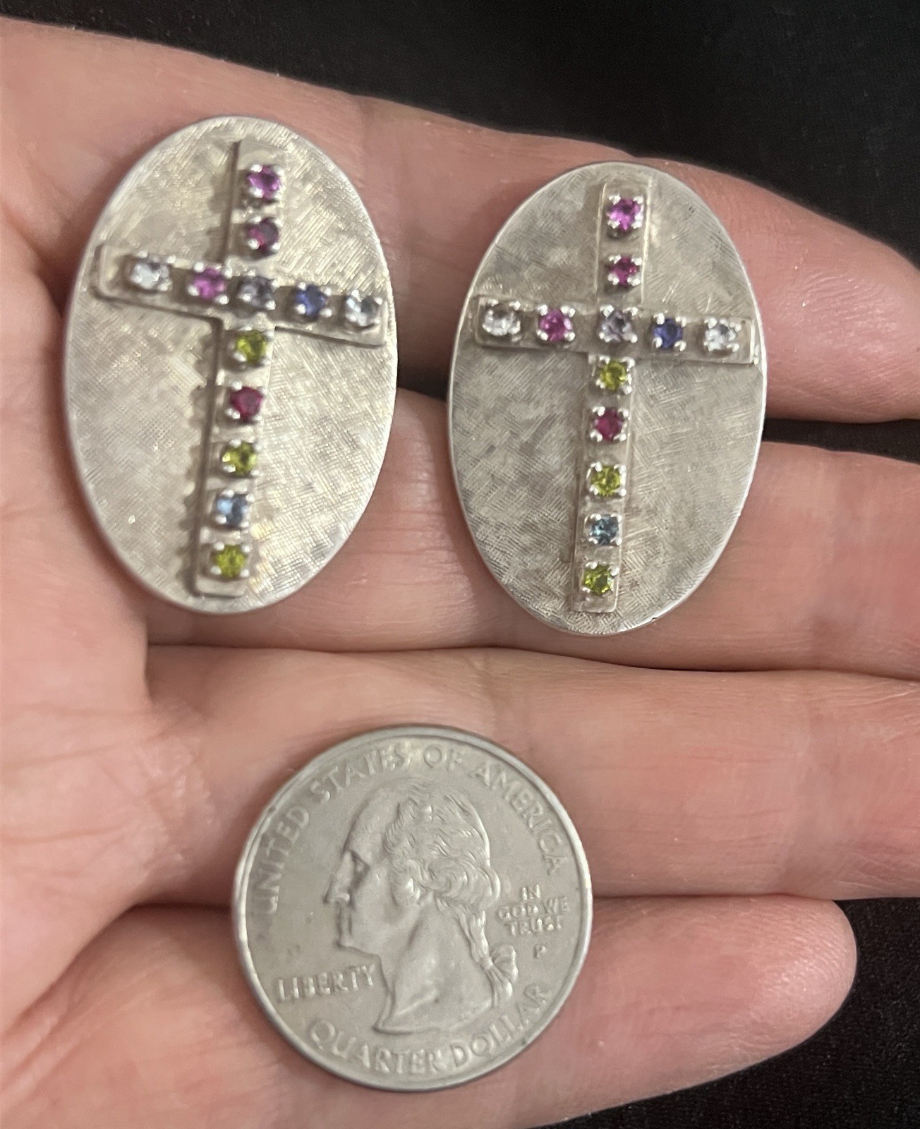 VINTAGE STERLING SILVER LARGE CUFFLINKS MULTI-STONE CROSSES DECORATION 36.3G