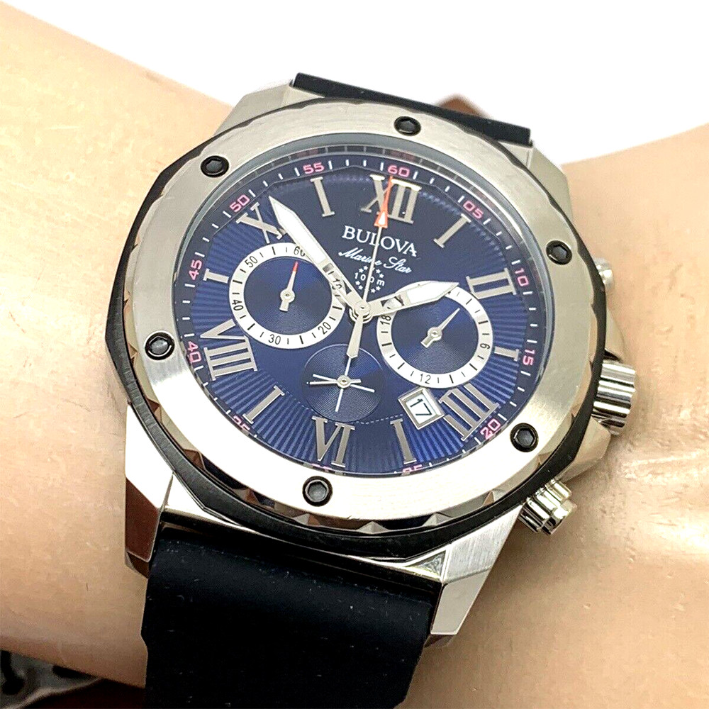 Bulova Marine Star 98B258 Blue Dial Black Rubber Strap Quartz Men’s Watch 44mm