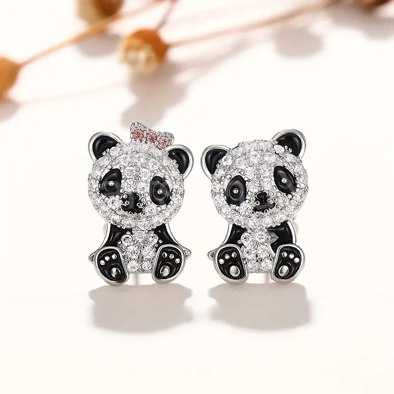 1ct Round Cut Moissanite Cute Panda Enamel Stud Earrings 14K White Gold Plated