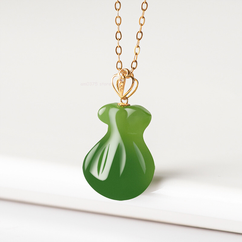 Real 18k Yellow Gold Natural Jasper Sapphire Jadeite Money Fu Bag Pendant Chain