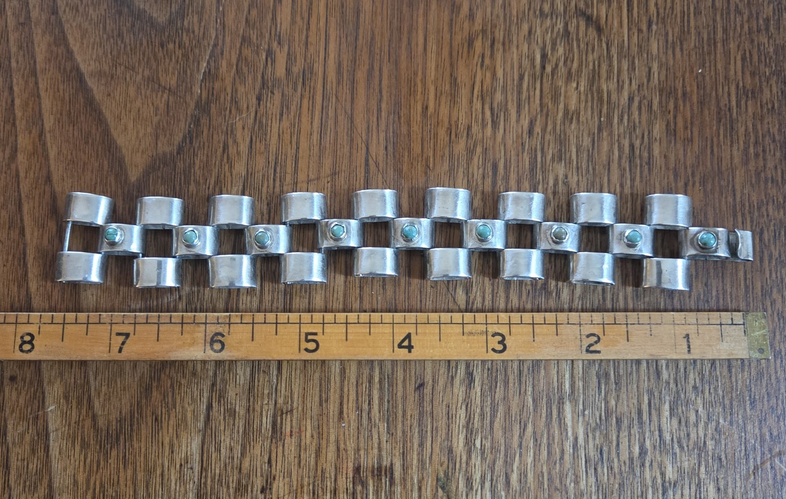 Turquoise & Mexican Silver Vintage Heavy Link Bracelet 61 grams 7.5 inches long