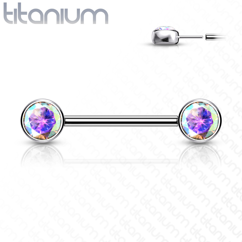 Pair of Implant Grade Titanium Threadless Push In Nipple Barbell W/ Flat CZ Tops