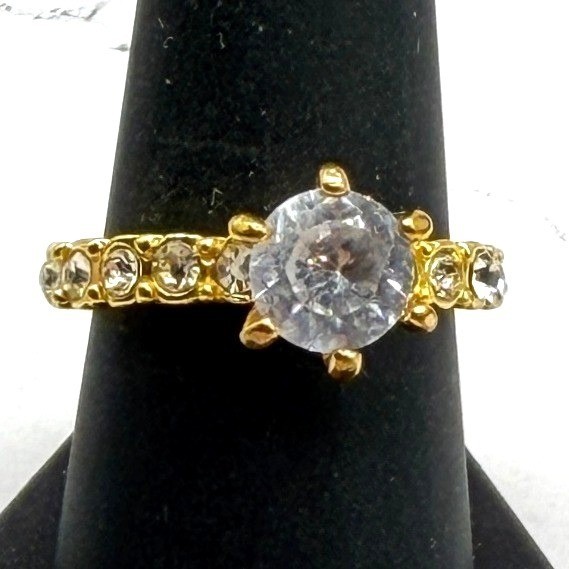 Gold Tone Clear Stone Ring Size 8.5 Solitaire Bridal Style Pageant WATCH VIDEO