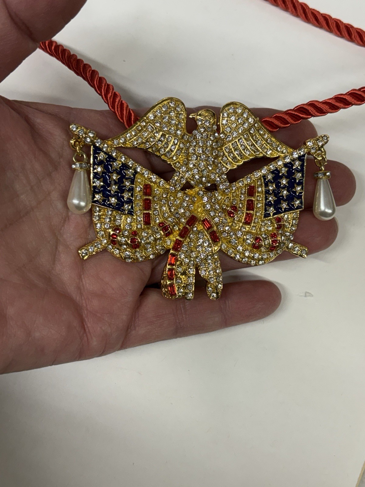 Flags Eagle Gold Tone Red White Blue Rhinestones Pearls USA 250th Necklace NEW