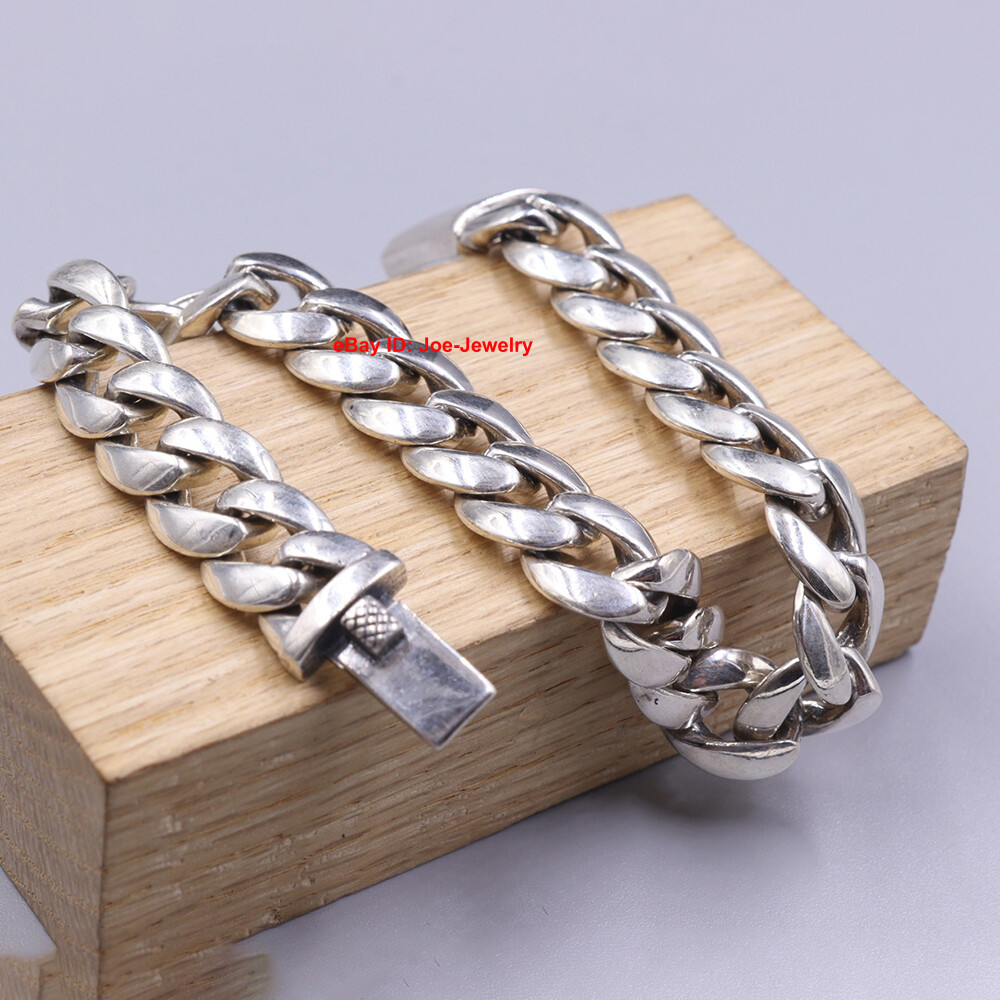 Real 925 Sterling Silver Bracelet 10mm Curb Cuban Link Chain Men Women 8.26inch