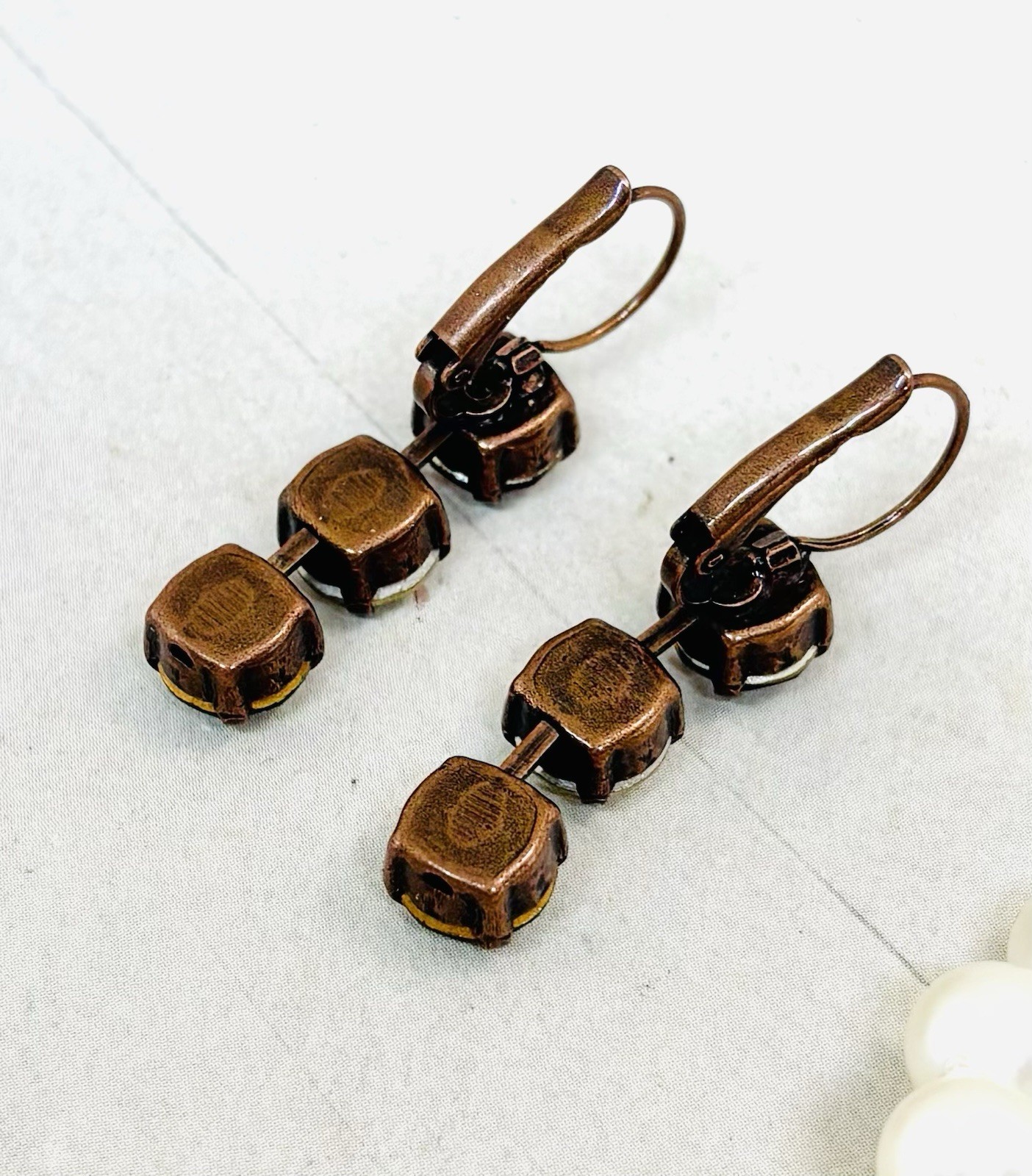 Antique Copper Plated Triple Stone Olive Green And Brown Cup Chain Earrings