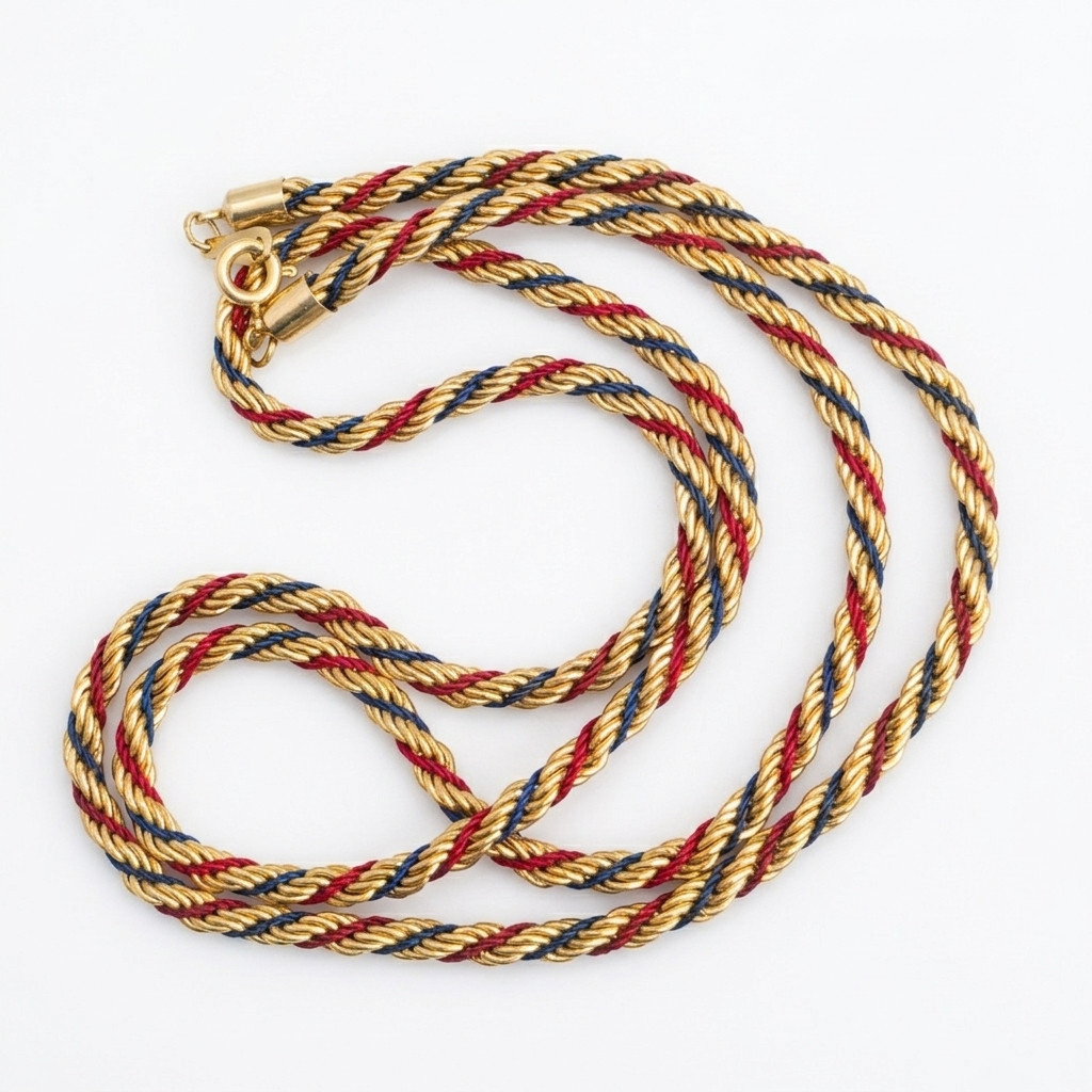 18KGF Gold Filled Tricolour Rope Twist Necklace Red Blue Silk 22.6g 32cm 18ct