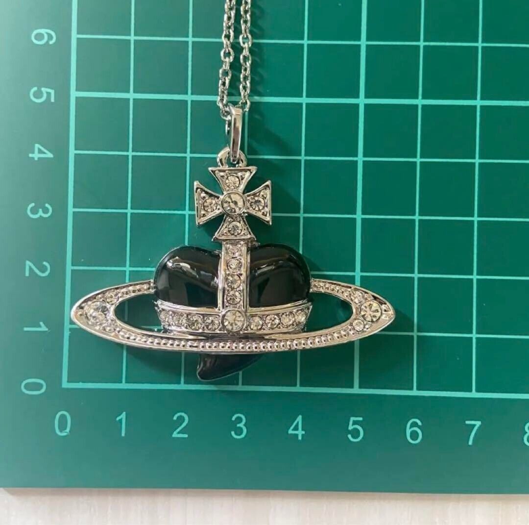 Diamante Black Heart Orb Necklace Pendant with drawstring