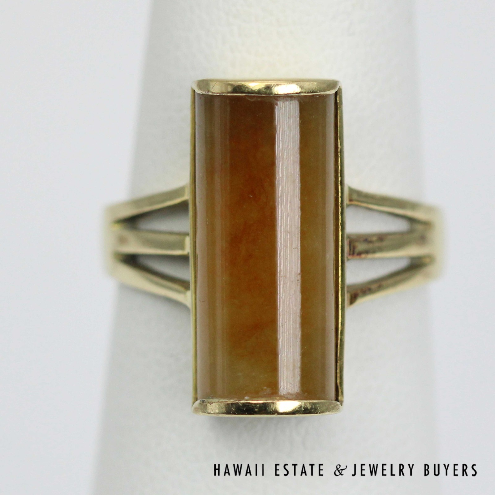 Honey Jade Rectangular Cabochon 14K Yellow Gold Split-Shank Ring Size 6.25