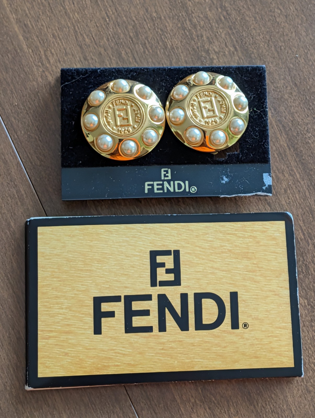 Fendi Signed Logo Clip-On Earrings Gold Tone Round White Imitation Pearl