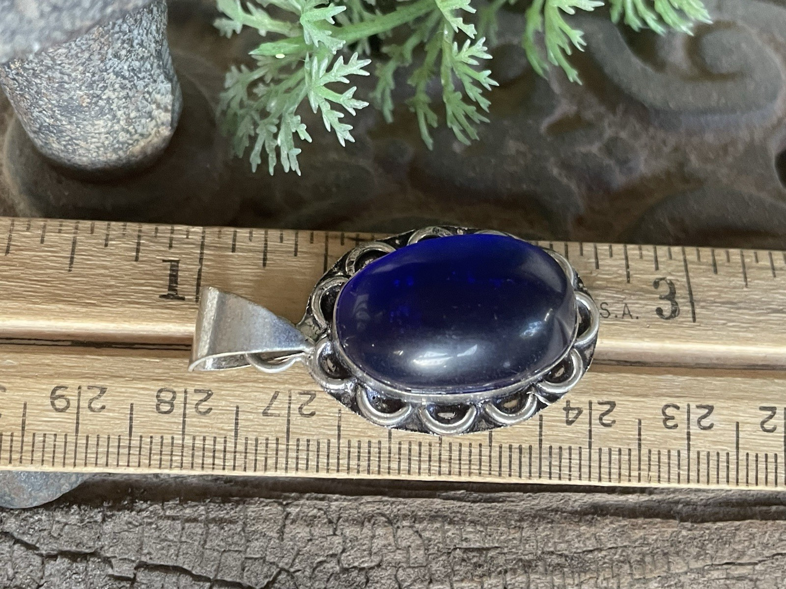 Sterling Silver 925 Cobalt Blue Glass? Cabochon Oval Pendant Vintage Style Boho