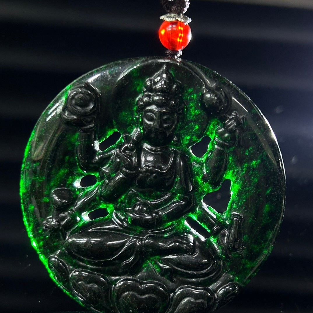 Certified Natural atrovirens jade Jadeite Carved Guanyin Pendant&Necklaces 千手观音