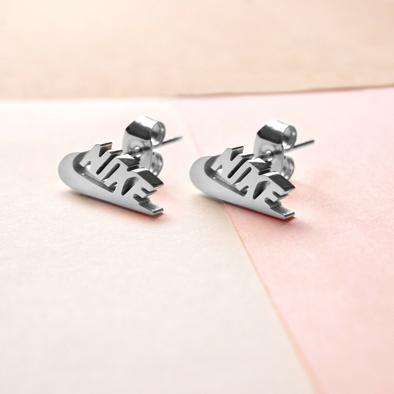 Nike Swoosh Silver – Plated Metal Stud Earrings, Pair, For Men or Women