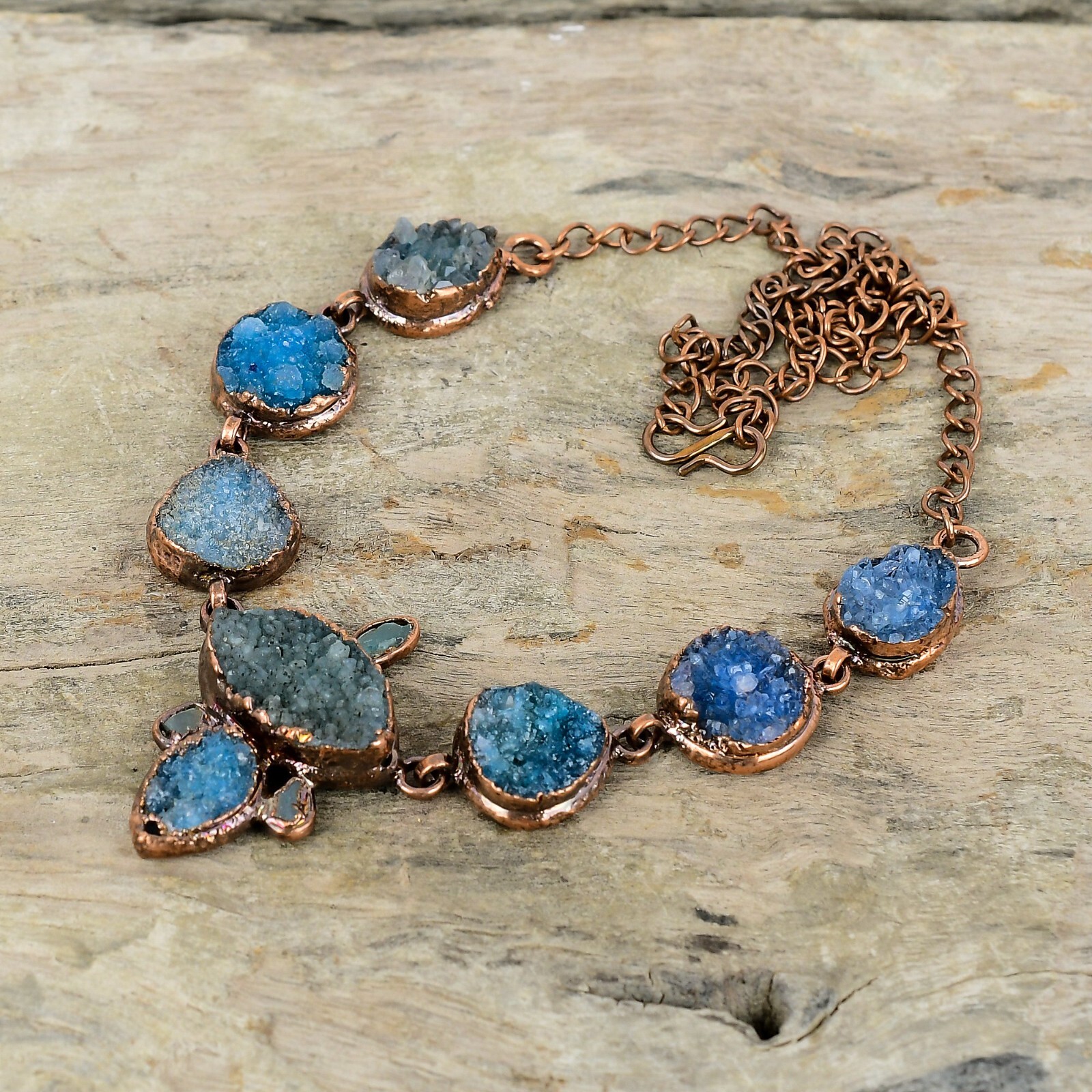 Blue Druzy Copper Gift For Sister Electroformed Chain Adjustable Necklace 18.0″