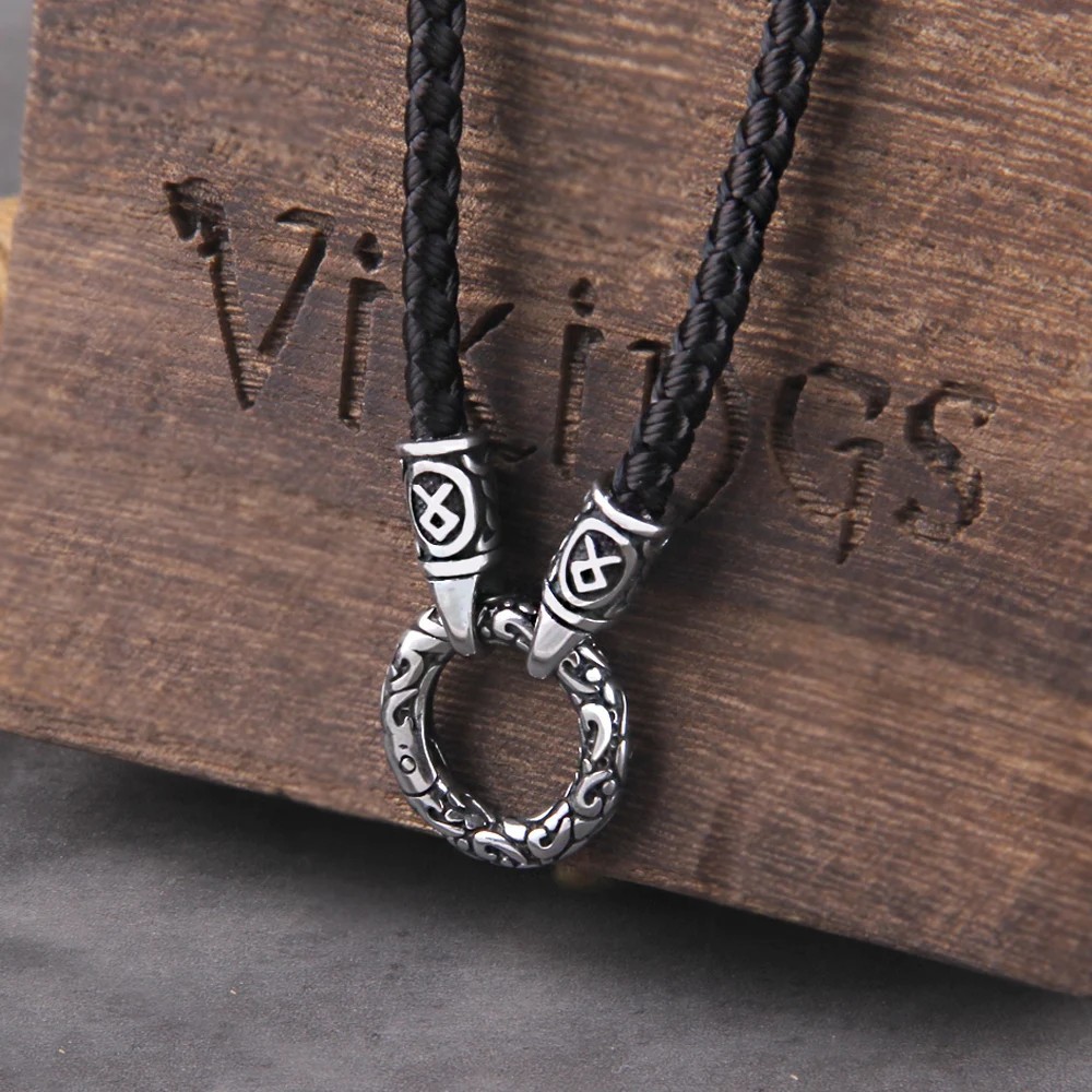 Nordic Viking Rune Open Round Clasp Pendant Necklace Stainless Steel Men Jewelry