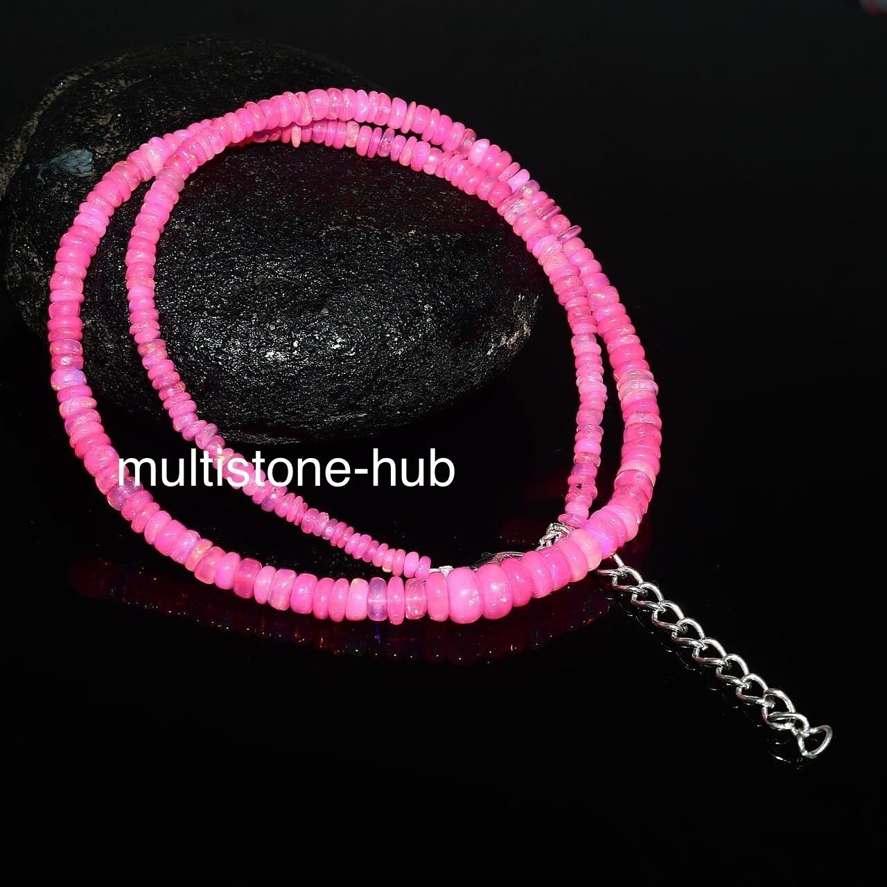 Natural Ethiopian Welo Fire Pink Opal Rondelle Beaded Gemstone Necklace 16 Inch