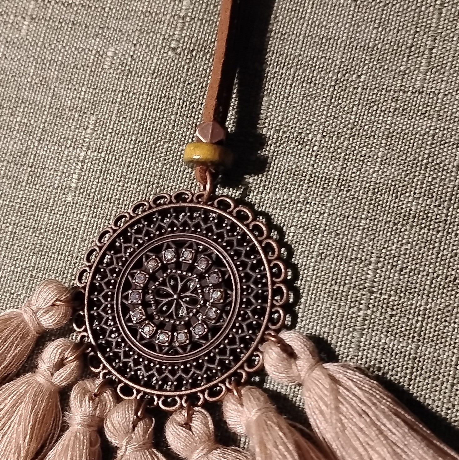Round Medallion Tassel Fringe Pendant Necklace Brown/Beige Cord Metal. 3097.