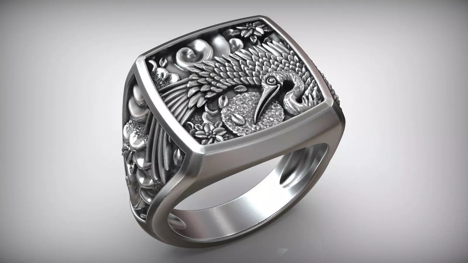 Mens Stork Bird Flower Traditional Japanese Ornament 925 Silver Statement Rings