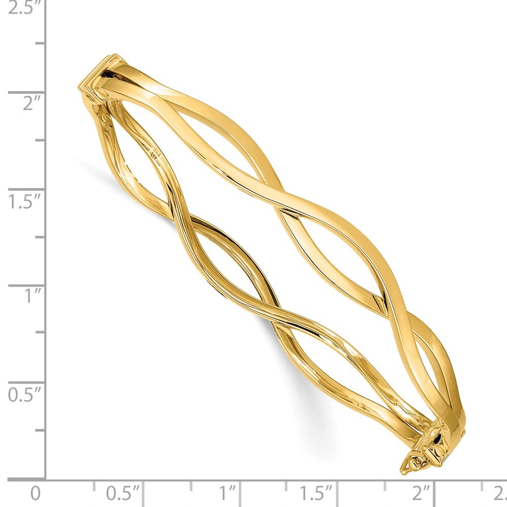 14K Yellow Gold Polished Wavy 7.00mm Hinged Oval Bangle Bracelet