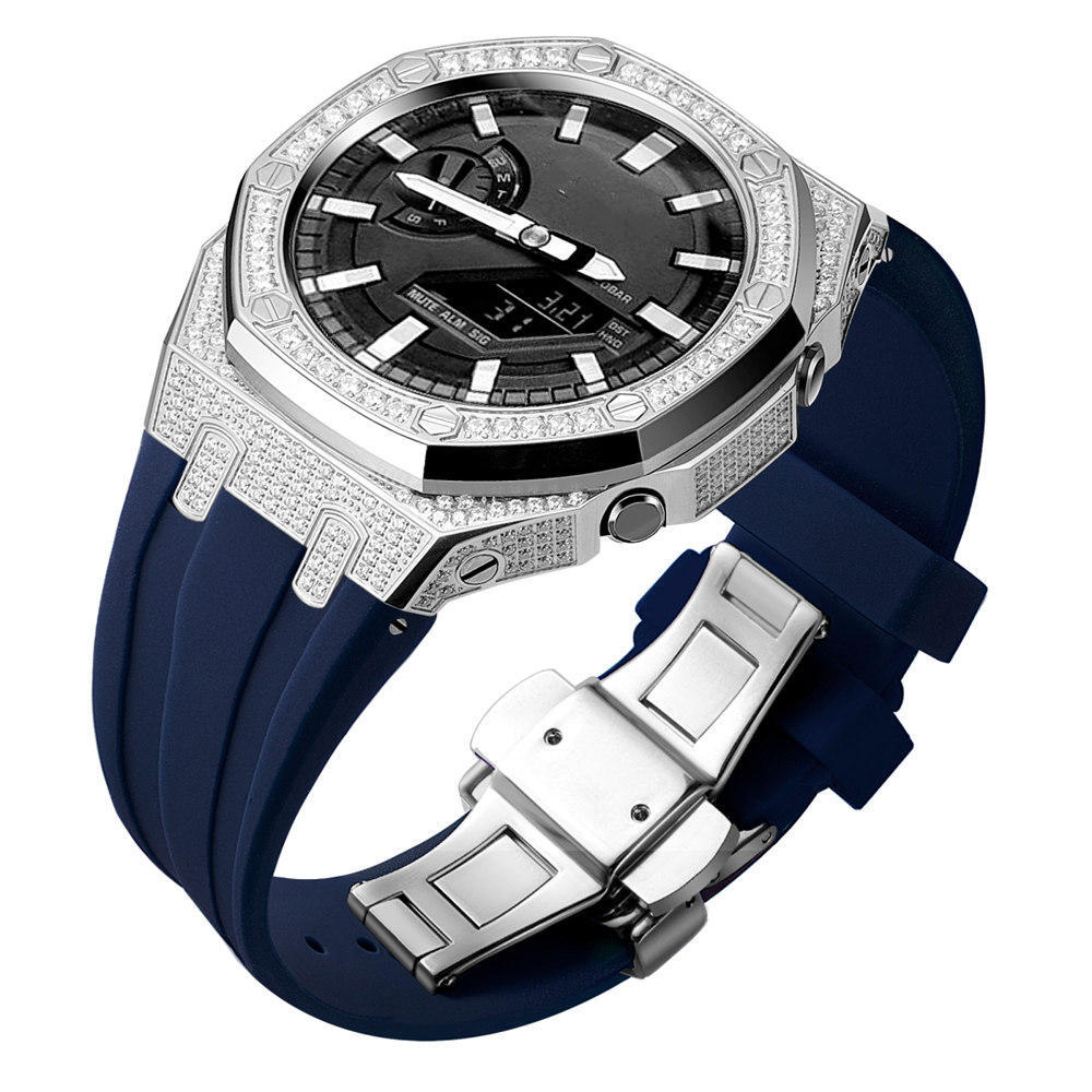 Bling Diamond Stainless Steel Case + Rubber Strap AP MOD KIT for G-SHOCK GA-2100