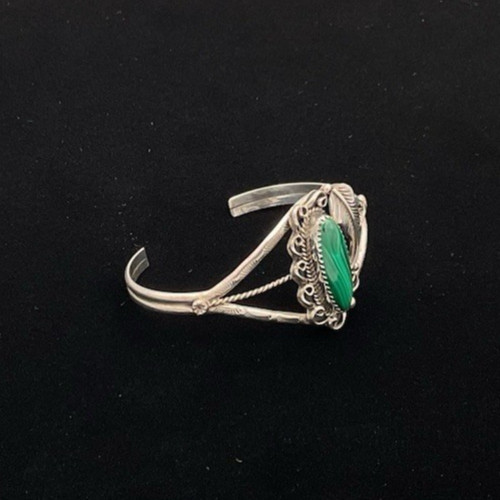 Native American Cuff Bracelet Silver Tone Malachite Stone 6″ Wrist 14.9g NICE