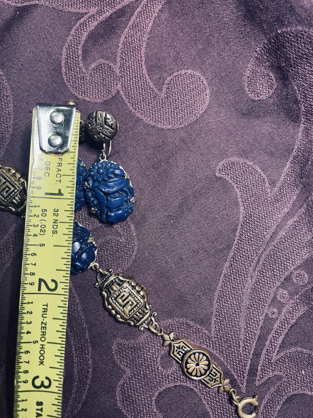 Antique Art Deco Blue Molded Glass Bracelet Screw Earrings Egypt Gold Tone Set