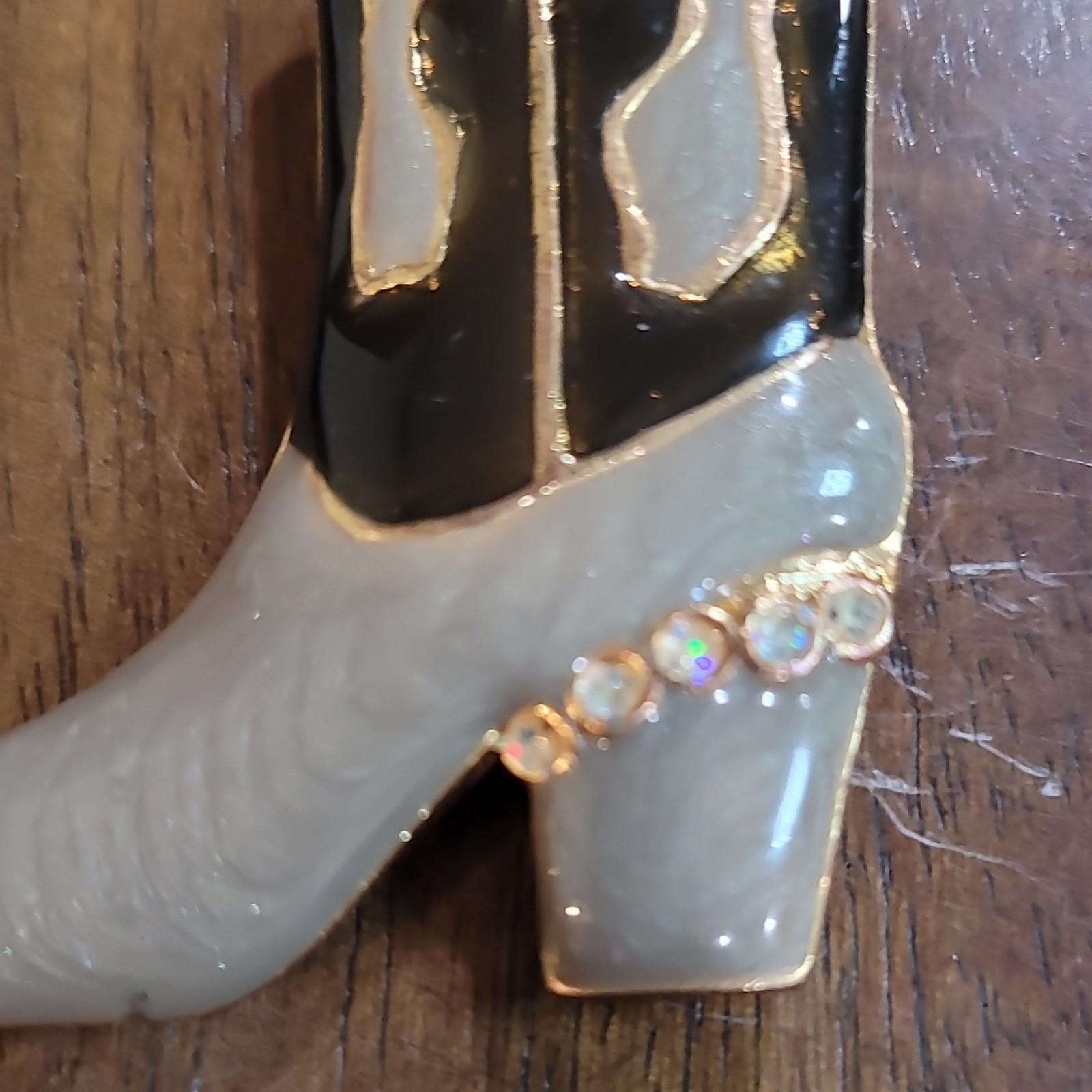 Cowgirl Boot Pin Cowboy Brooch Pin Enamel Brooch Grey Black Gold Tone 1.75″